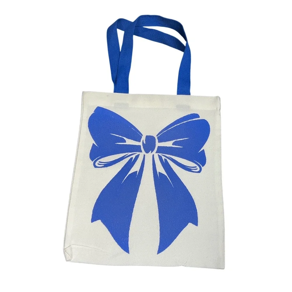 Puff Blue Ribbon Bow Canvas Tote Bag White Small Excellent Coquette Aesthetic